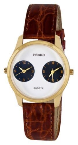 Pedre Unisex Gold-Tone Dual-Time Leather Strap Travel Watch # 0281GX