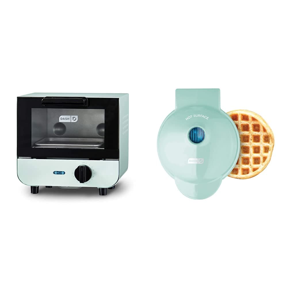 Mini Toaster Oven + Mini Waffle Maker Bundle - Individual Portions, Aqua