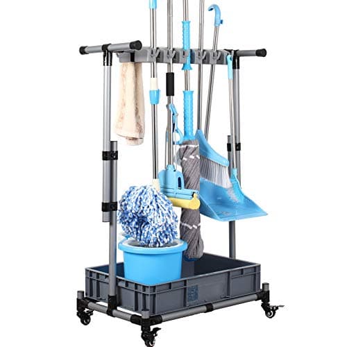 QTJH broom and mop holder put wet mops movable Floor-mounted mop rack floor standing cleaning tool cart storage for garden garage schools, hospitals, hotels,property companies,Mop drain rack