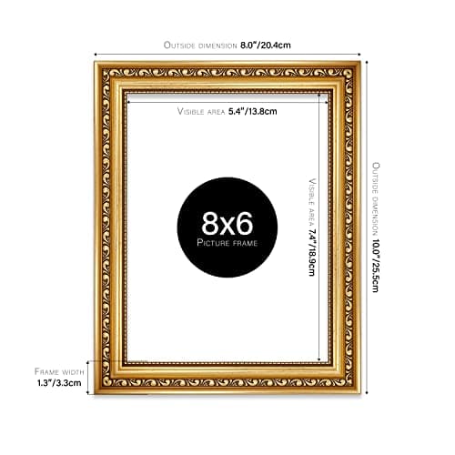 8x6 Gold Ornate Picture Frame 8"x6"(20.3x15.2cm) Poster, Photo, Artwork, or Print. Antique Style Portrait and Landscape Display with Wall Hooks