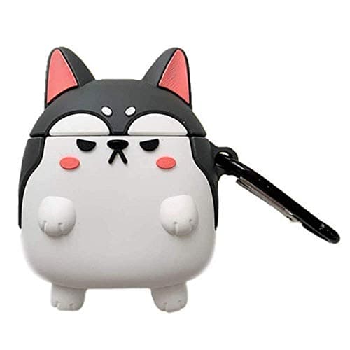 Yingbei Creative Cute Corgi Dog Style with Carabiner Yellow & Black Compatible Silicone AirPods Protective Cover (1st and 2nd Generation) (Black)