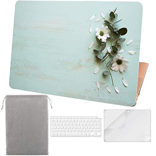 Sykiila for 2020 2019 MacBook Air 13 Inch Case New Model A2179 A1932 with Touch ID & Retina Display 4 in 1 Hard Shell Case & Sleeve & HD Screen Protector & Keyboard Cover - Floral Turquoise Wood