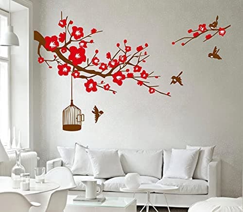 Kaushiki Collection Red Flower Tree Wall Sticker for Decorative Wall Sticker for Living Room , Bed Room, Kids Room Multi Colour