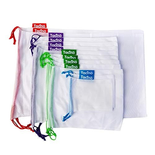 TACINO Set of 12 Reusable Mesh Produce Bags - Washable, Strong, Ultra-light, See-Through Eco-Green Bags with Tare Weight on Tags - Lettuce Bag Best for Fruits, Veggies and Grocery Shopping
