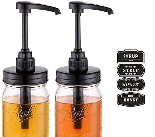 Mason Jar Syrup & Honey Dispenser Pump Lids, Rust Proof, Plastic Dispenser Lid for 16 oz Regular Mouth Mason Jars Kitchen and Table Decor - 2 Pack