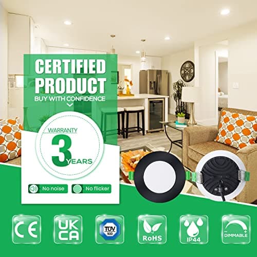 ALUSSO LED Downlights Ceiling Black Dimmable 10W Ultra Slim Recessed Ceiling Lights IP44 Spotlights, 3000K Warm 4000K Neutral 5700K Cool Adjustable LED Spot Lights for Bathroom Kitchen, 6 Pack