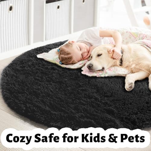 Black Round Rug 7Ft for Bedroom Aesthetic, Fluffy Plush Circle Area Rugs for Living Room, Large Big Fuzzy Modern Cool Carpet for Baby Kids Teen Boys Mens, Office Playroom Nursery Apartment Home Decor