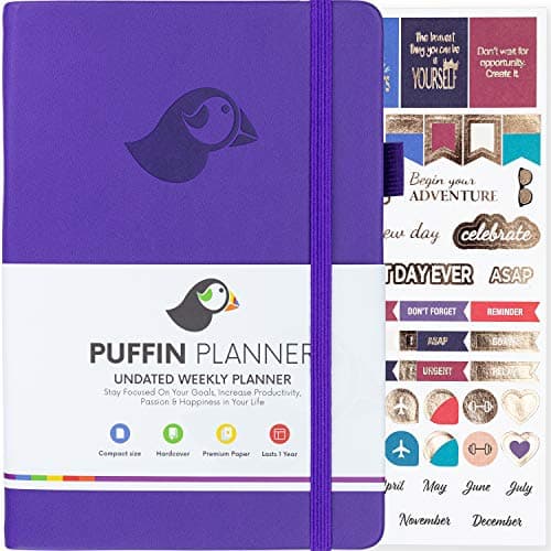 Puffin Planner - Compact Weekly & Monthly Goal Planner & Organizer Journal to Improve Time Management and Productivity. B5 Size, Undated - Start Anytime, Lasts 1 Year + Bonus Stickers (Purple)
