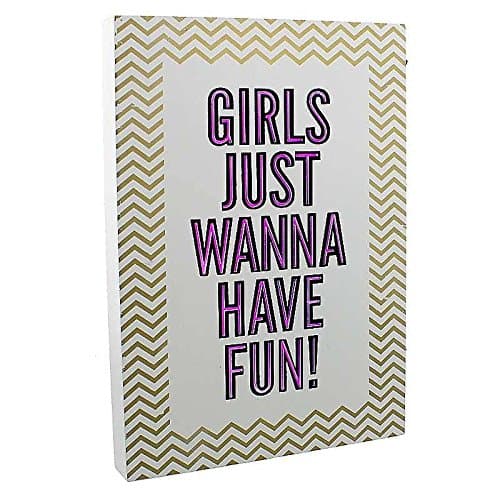LED Light Up Chevron Wall Plaque Sign Girls Just Wanna Have Fun Laser Cut Wooden MDF Gold Purple