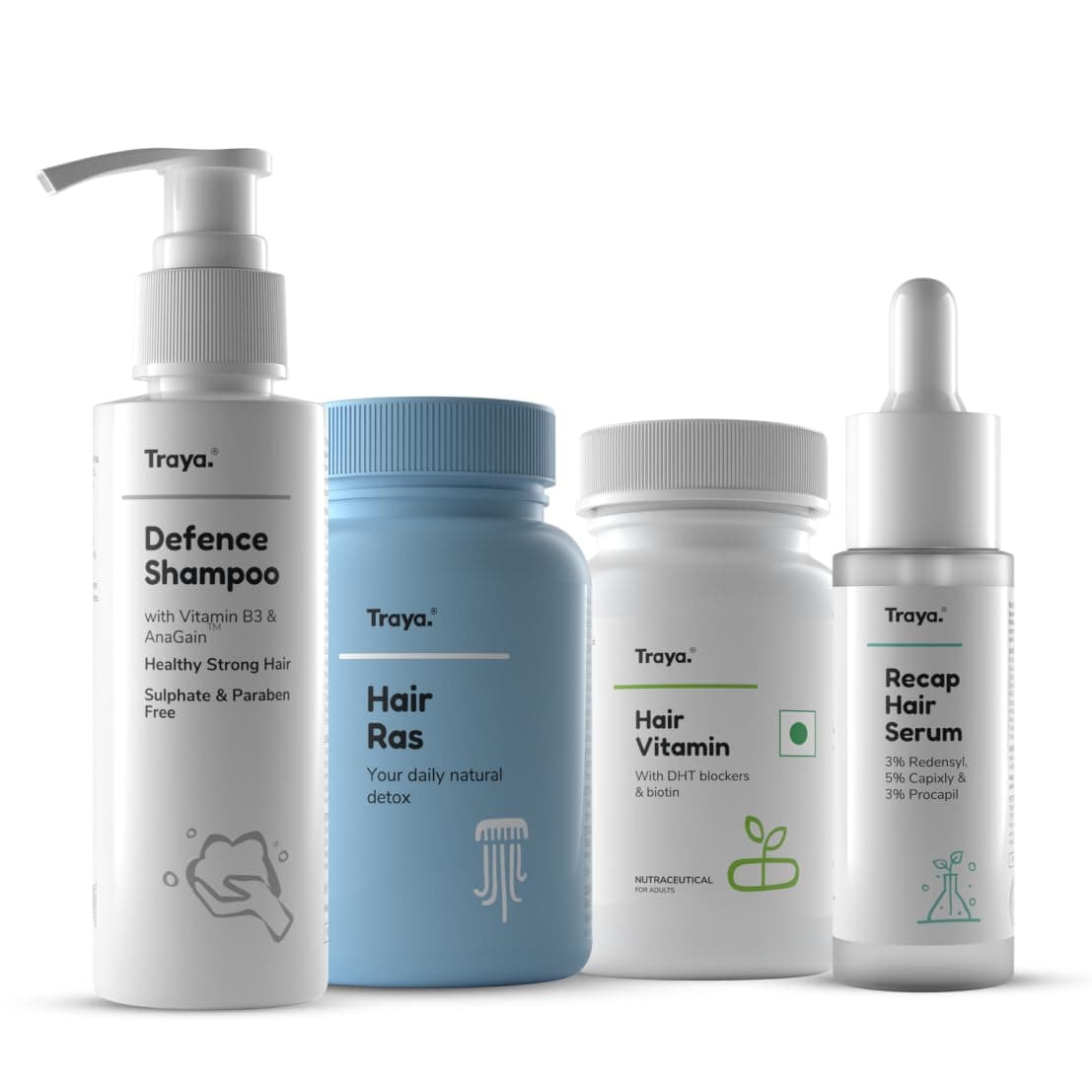 Hair Growth Kit | Contains Hair Ras + Hair Vitamins + Recap Serum + Defence Shampoo with Biotin, Vitamin B3, Bhringraj, Ashwagandha, Redensyl, & Procapil | Strong and Healthy