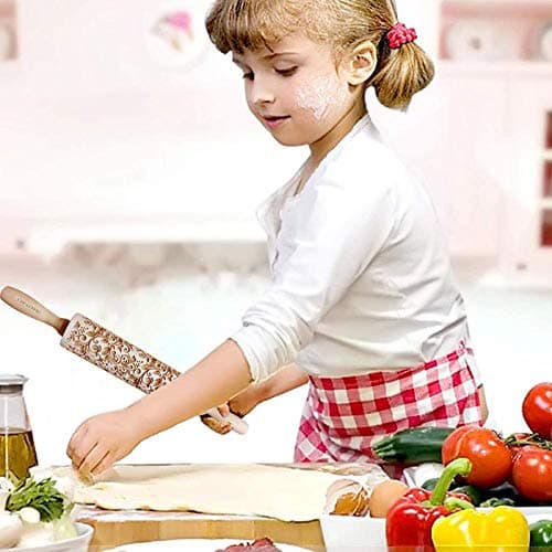 Uspacific Embossing Rolling Pin, Flower Pattern Wooden Laser Engraved Embossed Printing Rolling Pin DIY Tool for Homemade or Christmas Cookies