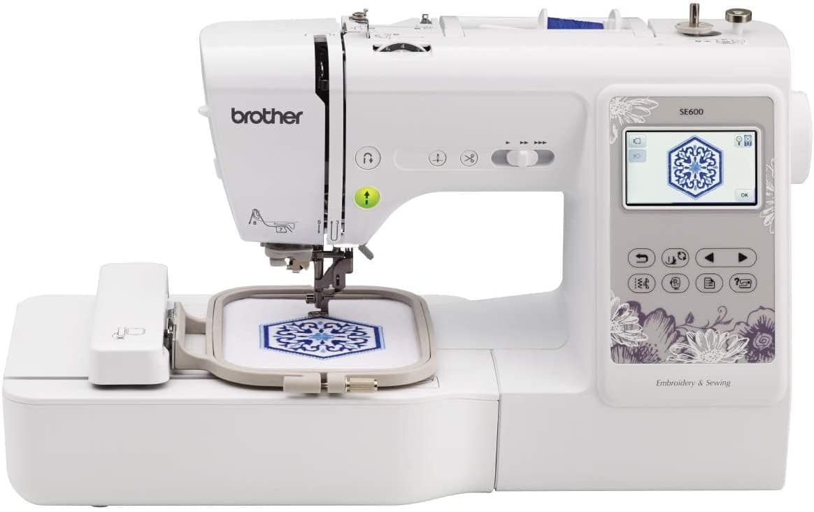 SE600 Sewing and Embroidery Machine, 80 Designs, 103 Built-In Stitches, Computerized, 4" x 4" Hoop Area, 3.2" LCD Touchscreen Display, 7 Included Feet