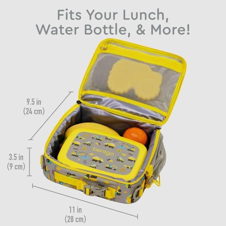 Bentgo® Kids Prints Lunch Bag - Double Insulated, Durable, Water-Resistant Fabric with Interior and Exterior Zippered Pockets and External Bottle Holder- Ideal for Children 3+ (Construction Trucks)