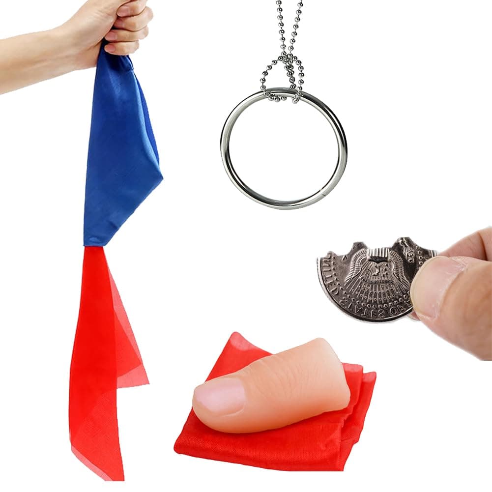 Neliky Magic Tricks Kit Including 4 Classic Tricks - Bite Coin, Color Change Silk, Disappearing Silk Fake Thumb Tip,Magic Ring Chains for Streets Magic Props Set and Close Up Magician Kit