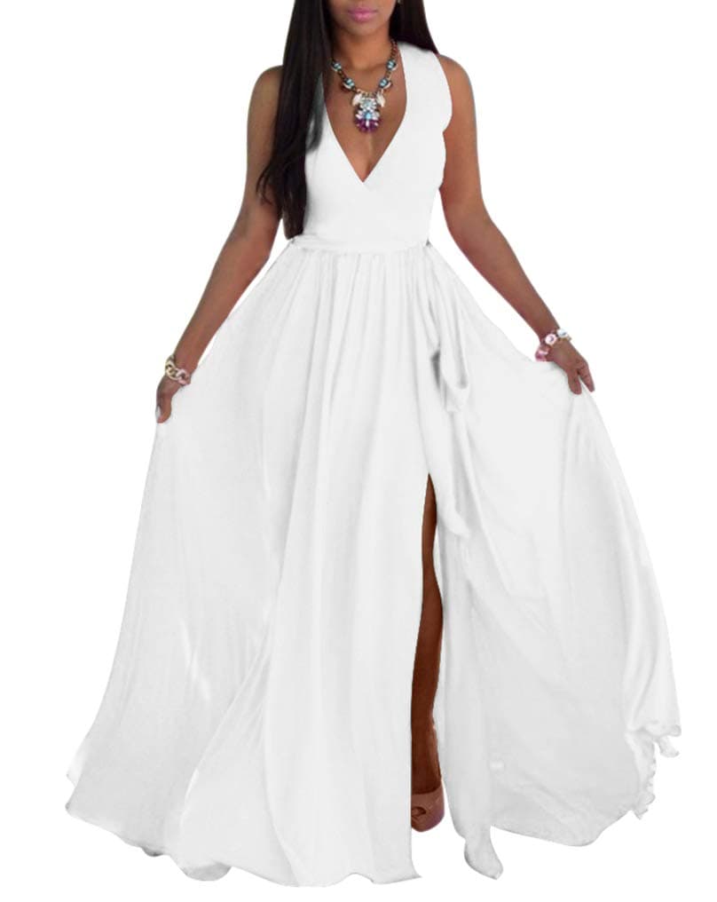 SheKiss Womens Sexy V-Neck Chiffon Long Maxi Dresses Sleeveless Split Beach Bridesmaid Flowy Sundress White