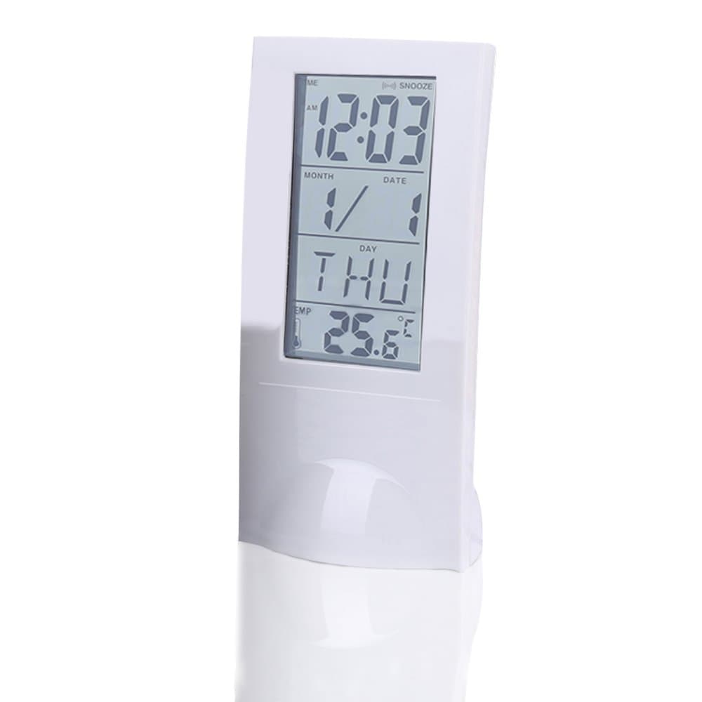 Small Desk Clock Digital Alarm Clock Battery Operated Translucent LCD Calendar & Indoor Temperature for Shelf Desktop