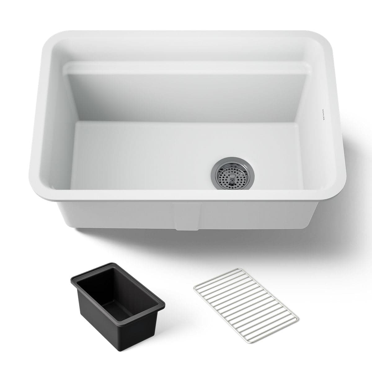 Kohler K27787-CM6 Cairn 27-1/2" Undermount Single Basin Neoroc Composite Kitchen/Utility Sink with Basin Rack and Wash Bin Matte White