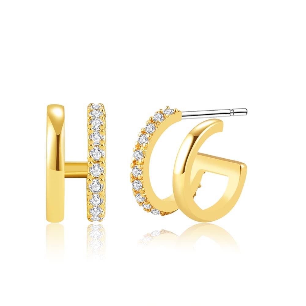 14K Gold Plated Illusion Stud Earrings for Women | Triple Huggie Hoop Earrings for One Hole| Trendy Simple Hypoallergenic Fashion Accessories Gold Jewelry Gifts for Womens