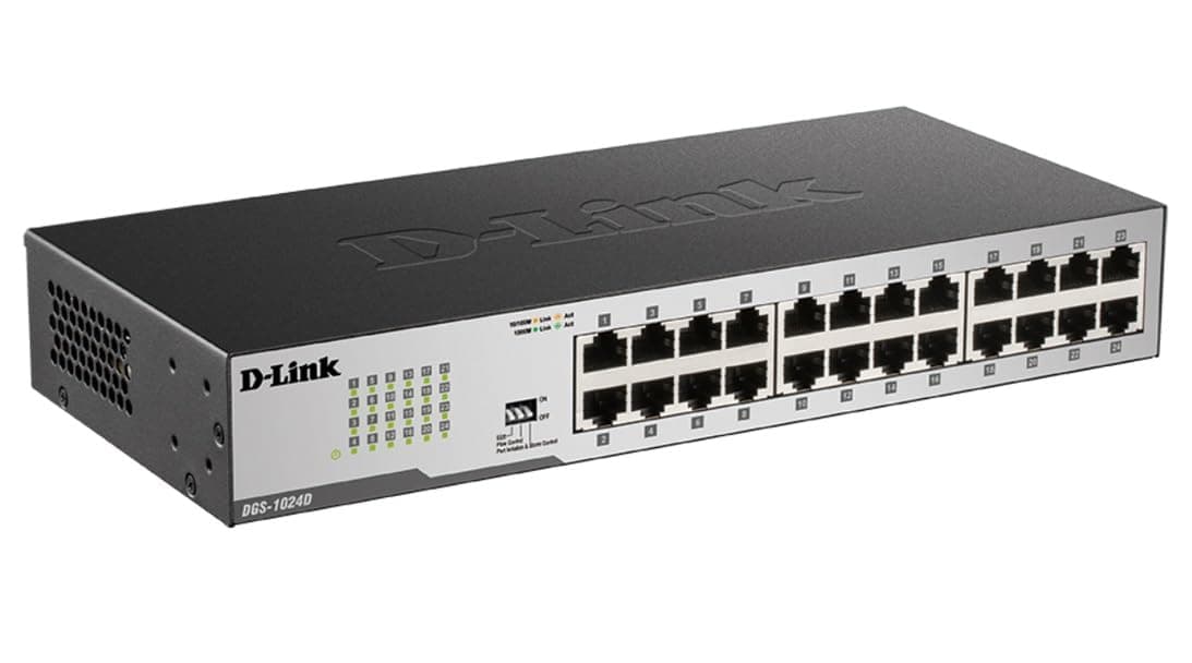 D-Link Ethernet Switch, 24 Port Gigabit Unmanaged Fanless Network Hub Desktop or Rack Mountable (DGS-1024D), Black