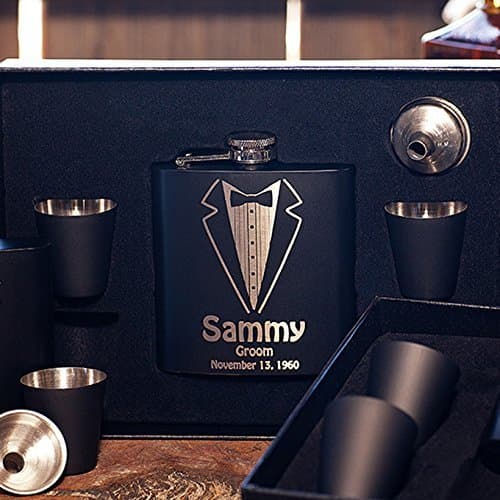 Flask Gift Set, Personalized Groomsman Tuxedo Flask, Custom Engraved Gift, Wedding Flask +Funnel +Shot Glasses, Bachelor Party, Customized
