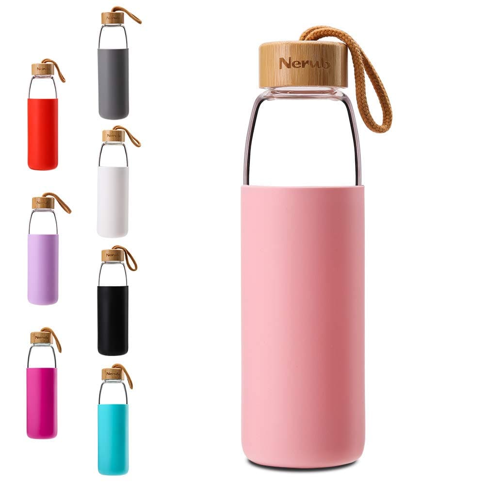 NERUB 18 to 22 OZ BPA FREE Borosilicate Thick Glass Water Bottle with Bamboo Lid - Dishwasher Safe