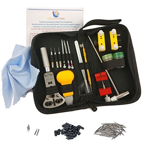 Clockwork Hen Professional Watch Repair Tool Kit. Watchmaker multi toolset best for battery replacement, changing and resizing watch straps. INSTRUCTIONS, zipped case, spring pins and microfiber cloth