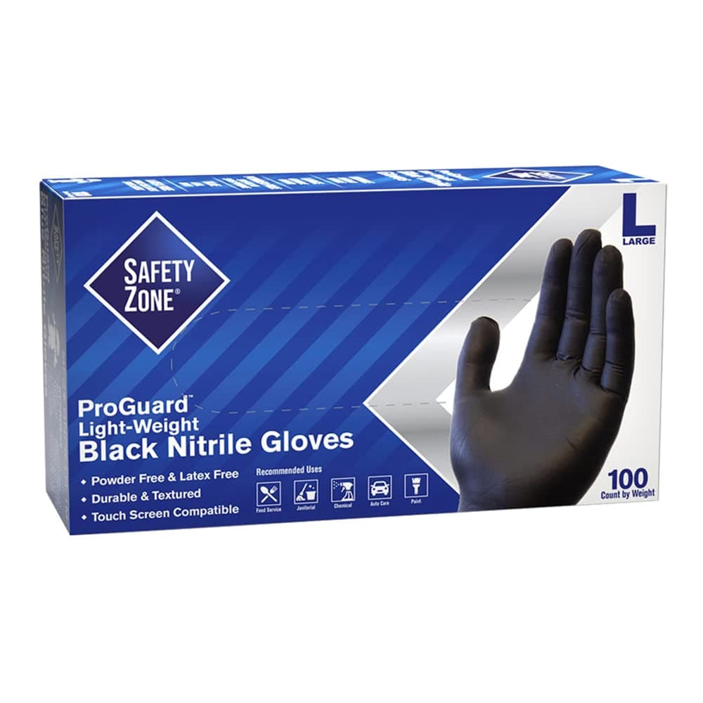 Safety Zone GNPR-LG-BK GNPR Standard Glove, Textured, Powder-Free, L, Nitrile, Black (Pack of 1000)