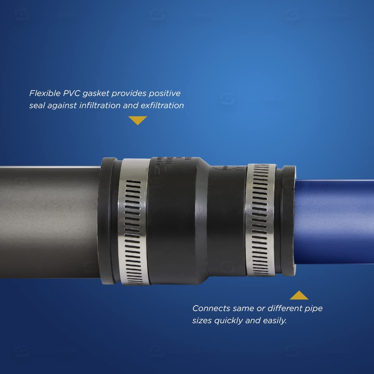 Supply Giant 6I52 Flexible PVC Reducing Coupling with Stainless Steel Clamps, 2.4" x 1.6" Inner Diameter for 2" x 1-1/4 Nominal Pipe, Black