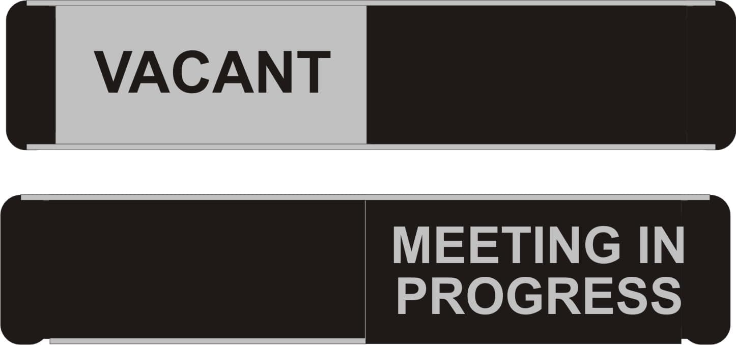 Seco VACANT/MEETING IN PROGRESS Sliding Meeting Room Sign – 10.03" x 2.05" – Aluminium & PVC