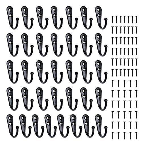 36 Pieces Coat Hooks Wall Mounted Robe Hook Single Coat Hanger No Scratch and 72Pieces Screws Black (Black)