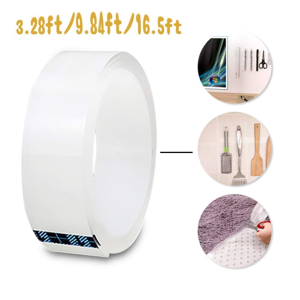 Traceless Washable Adhesive,Removable Reusable Adhesive Gel Grip Tape Duty Double Sided Tape Clear Silicone Tape for Glass, Metal, Kitchen Cabinets or Tile (9.84ft/3M)