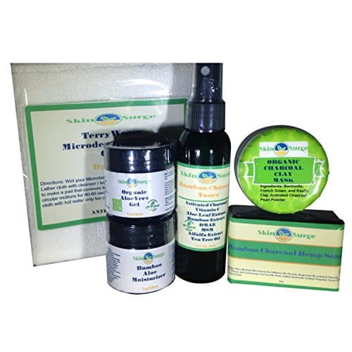 Skin Surge All Natural Bamboo Activated Charcoal Trial Size Detox Kit- Tea Tree Oil, Vitamin C, Retinol, Aloe Vera, Amino Acids-Soap, 1 Microfiber Cloth, Toner, 2 Gel Moisturizers FREE CLAY MASK