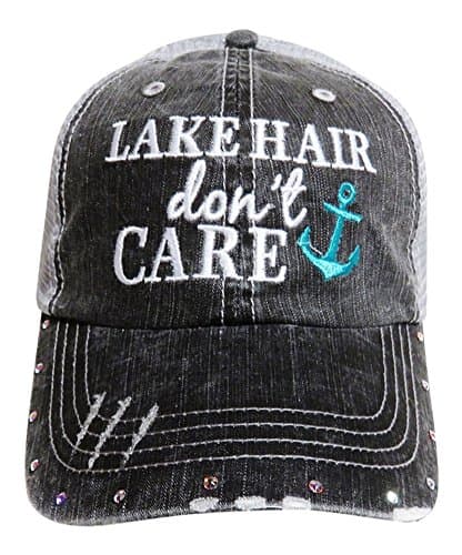 Embroidered "Lake Hair Don't Care" Washed Out Grey Trucker Cap Hat w/Swarovski Crystals (Mint Anchor)