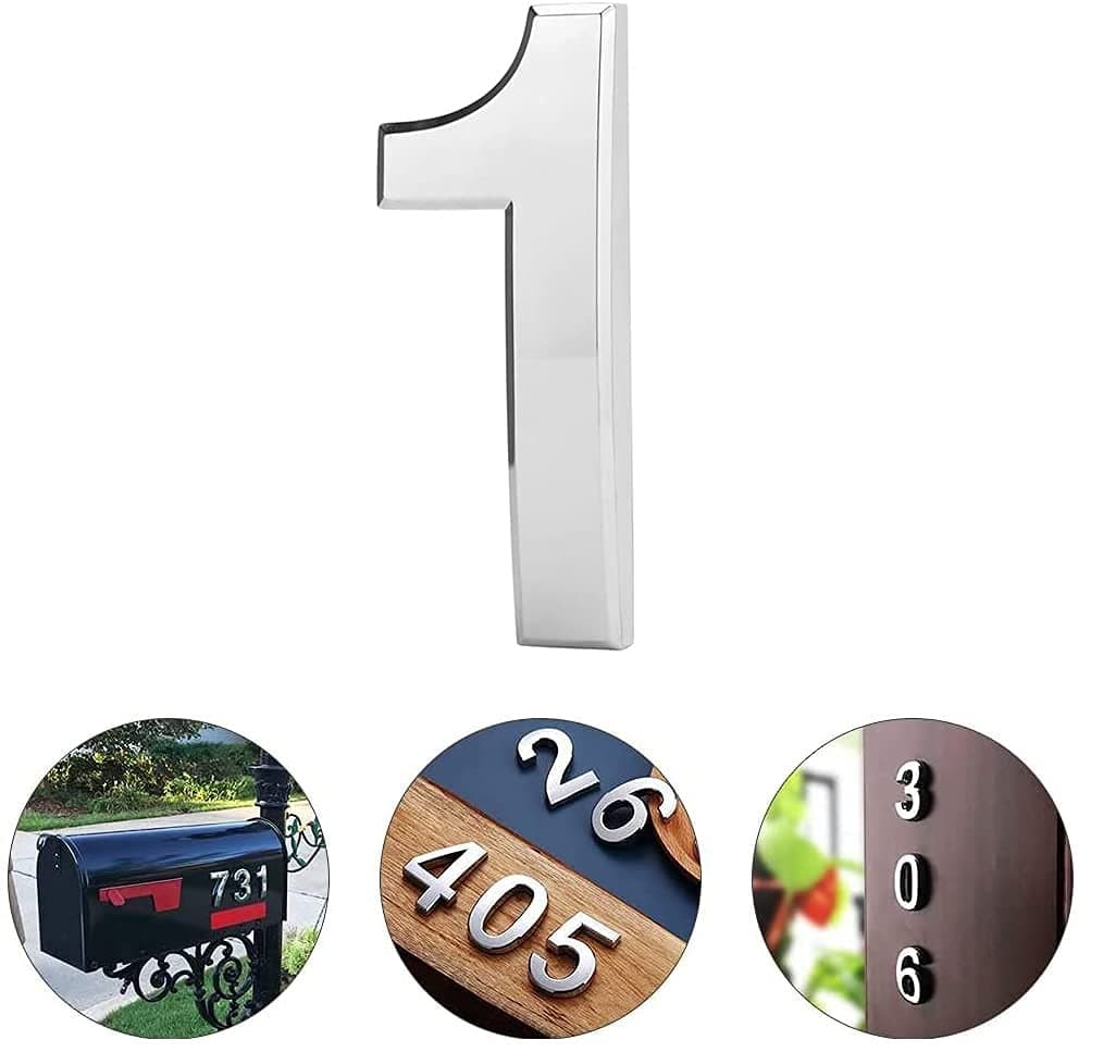 House Number, TopE 4 Inch Large Size Silver Waterproof Self Adhesive 3D Number Stickers for House Room Door Mailbox Outdoor Indoor Use (No.1)