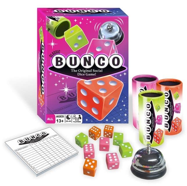 Continuum Games Retro Bunco Game Kit Party Box for Ladies Night 2-12 Players 3 Sets of Bunco Dice, Bell, and Score Pad for Game Night