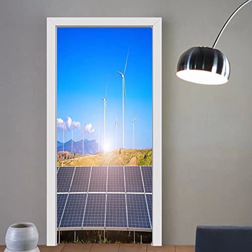 Summer Price custom made 3d Door Wall Mural Wallpaper solar panels with wind turbines against mountanis landscape against blue sky with clouds For Room Decor 30x79