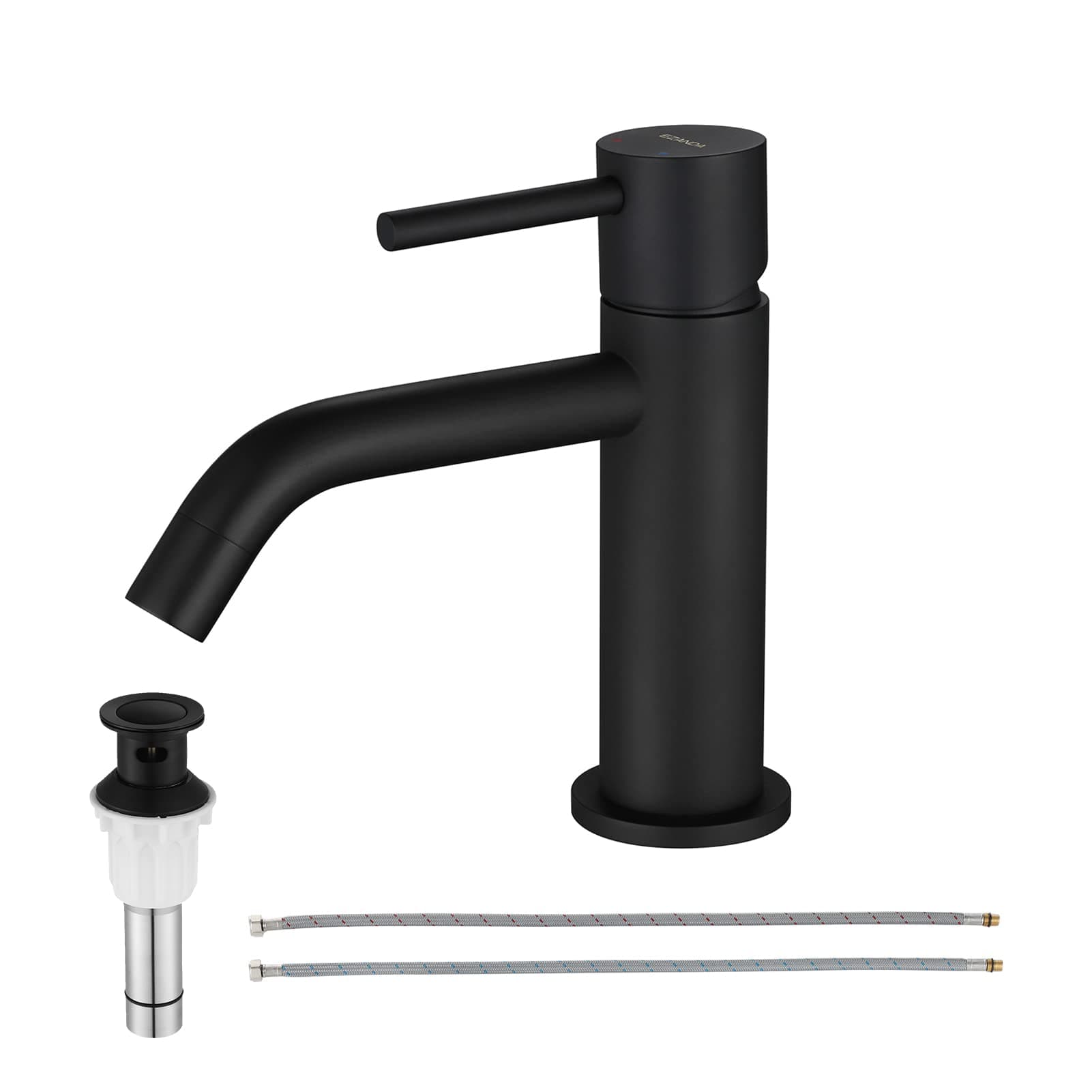 Brass Single Handle Bathroom Faucet with Pop-up Sink Drain Assembly & Faucet Supply Lines, Matte Black, 1431104