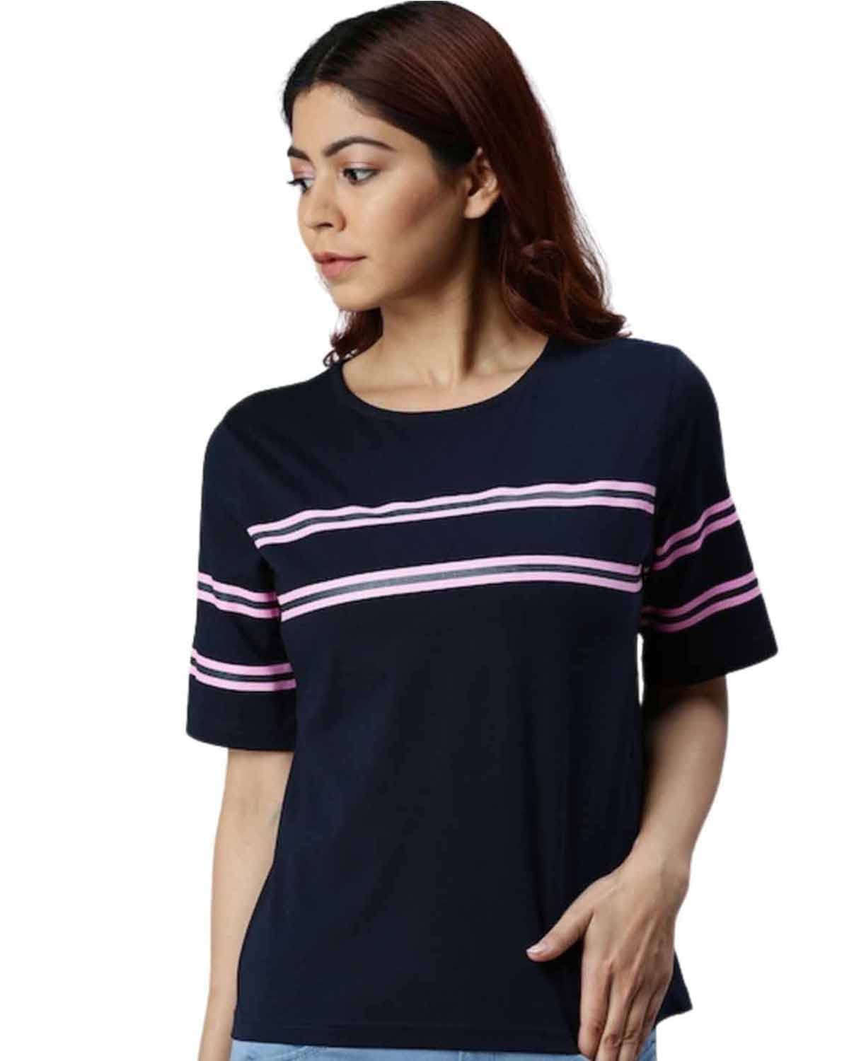JUNEBERRYWomen's Cotton Regular Fit Striped Half Sleeves T-Shirt