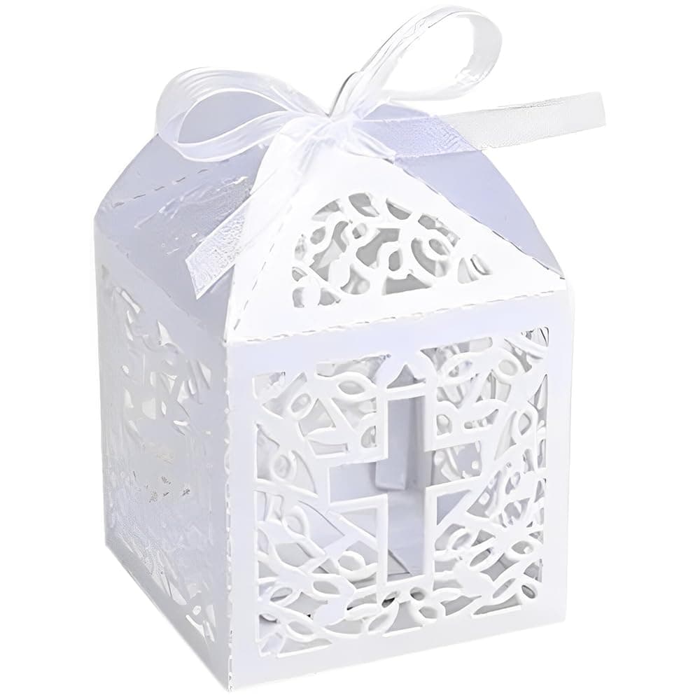 KAZIPA 50PCS Baptism Favor Boxes, 2.2''x2.2''x2.2''Laser Cut Favor Boxes with 50 Ribbons 50 Thank You Tags for Baby Shower Favors Baptism Decorations First Birthday Party (White)