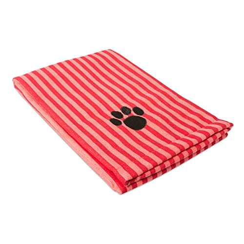 DII Bone Dry Microfiber Dog Bath Towel with Embroidered Paw Print - 44x27.5" - Red Stripe
