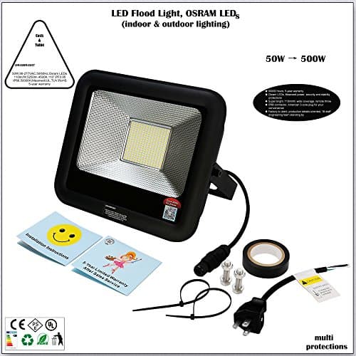 ORiGBRiGHT 50W LED Flood Light, Work Light, Osram LED, 115lm/W 5636lm, 4500K, Meanwell Power, IP66, UL, 5-Year Warranty, Stability Security Protections, US Plug, Indoor, Outdoor, Tennis Court, Facade