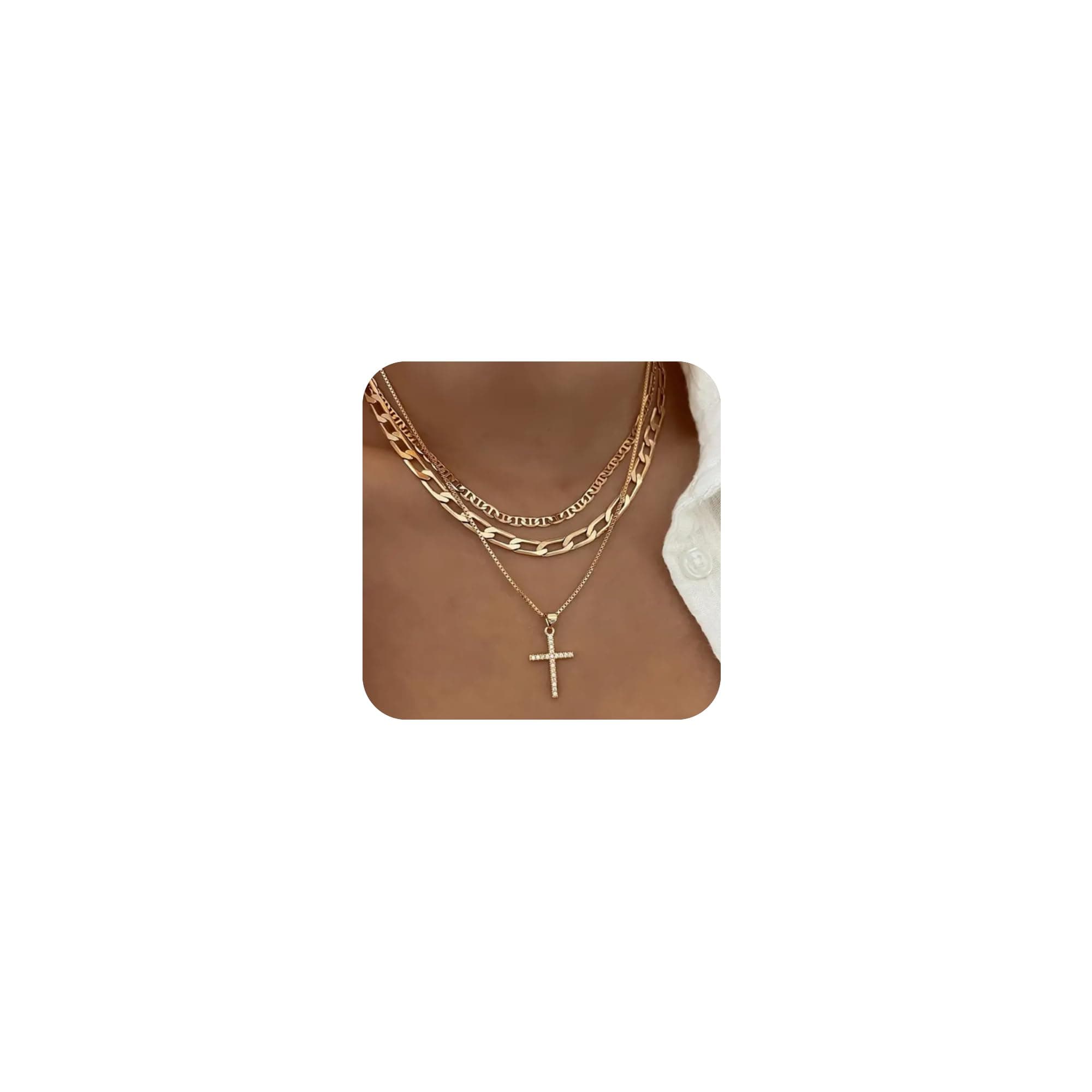 Cross Necklace for Women,Stackable Stacked Stacking Layering Layered Necklaces Dainty Gold Necklace Paperclip Box Flat Mariner Chain Necklace Cross Pendant CZ Diamond Simple Jewelry Gift