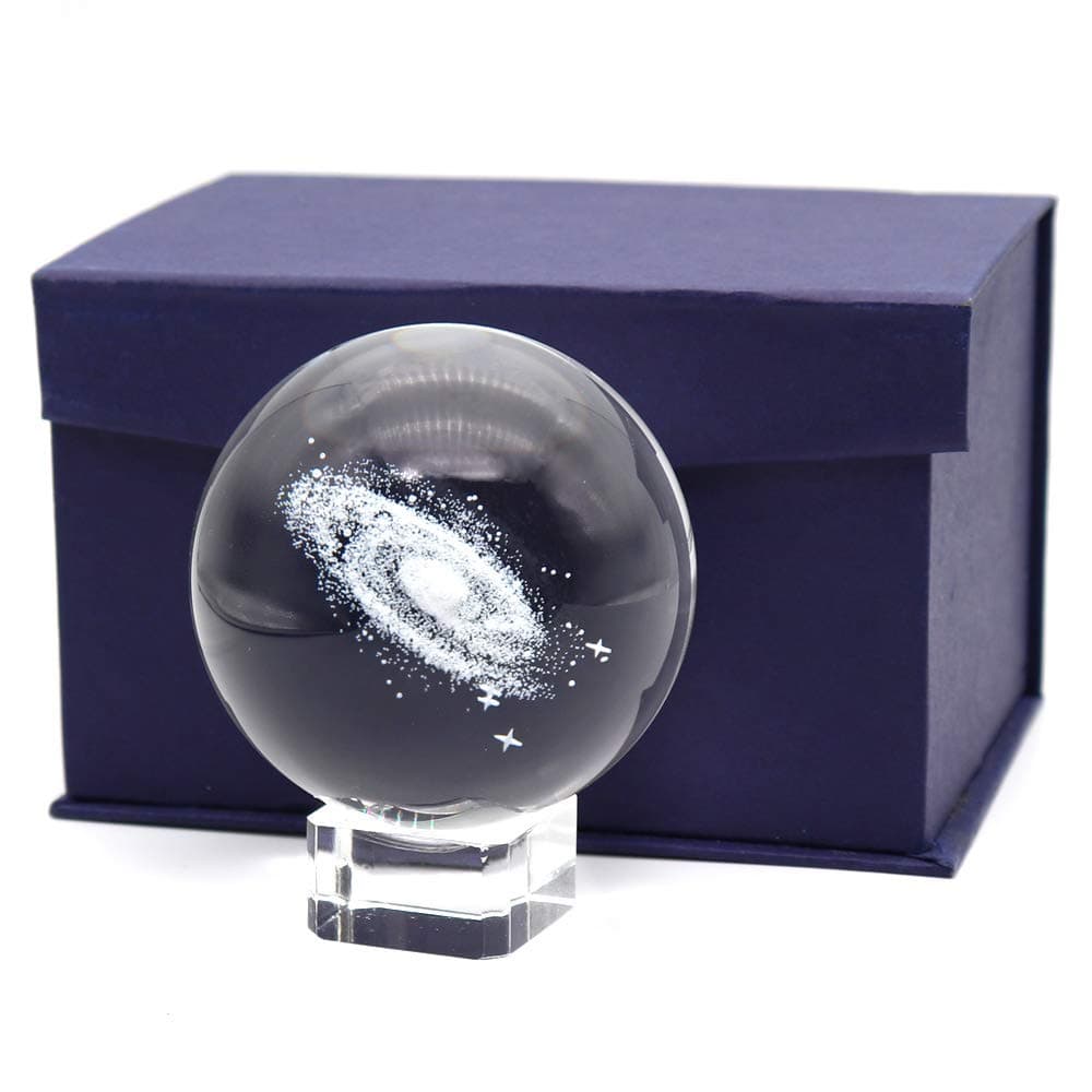 3 Inch/80MM Galaxy Ball Crystal Display Globe Full Sphere Glass Paperweight Fengshui with Clear Stand (Gifted Box Package)