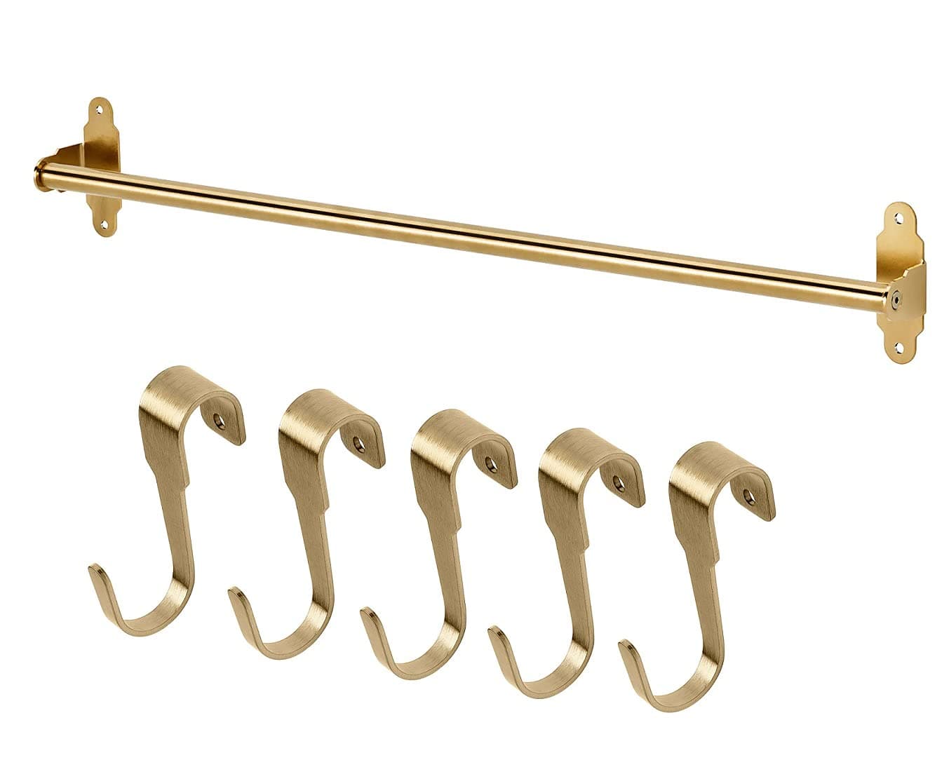 Rail, Polished / Brass-Colour 60 cm (23 ½ "), & 5 Pcs Hooks 7 cm (2 ¾ ")