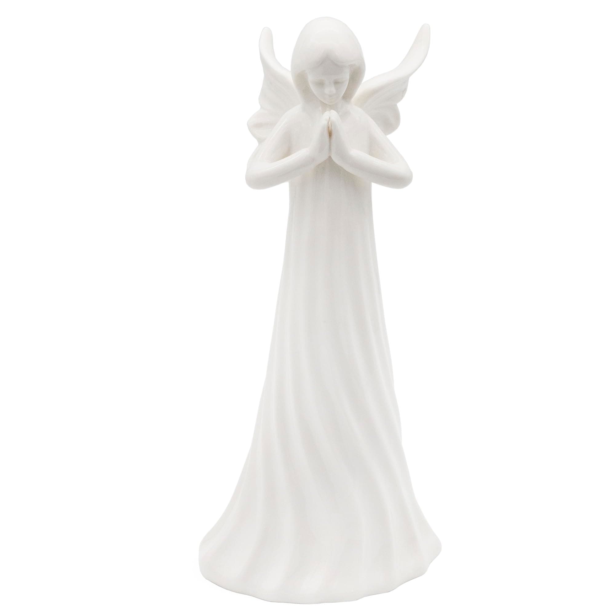 AuldHome Design Ceramic Praying Angel Figurine (White); Standing Guardian Angel Statue 9-Inch