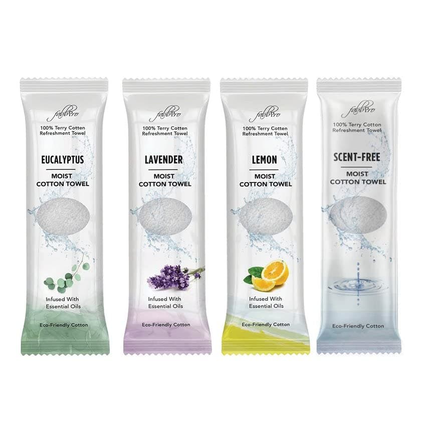 Oshibori Moist Terry Cotton Refreshment Towels (100 Pack,8x8 Inches)-White Scented Pre-moistened Essential Oil Infused Towel to Use Hot or Cold – Unscented, Lavender, Lemon & Eucalyptus Scents