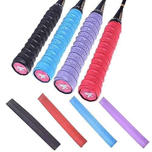 BlingKingdom4pcs Comfortable Tennis/Badminton Racket Grips Colorful Tennis Racquet Grips Wrap-on Grip Anti Slip Handle Cover Perforated Super Absorbent Overgrip for Padel Tennis Squash Racket