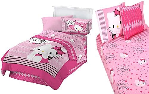 6pc Twin Size Hello Kitty Comforter, Pillow Sham, Sheet Set and Bedskirt