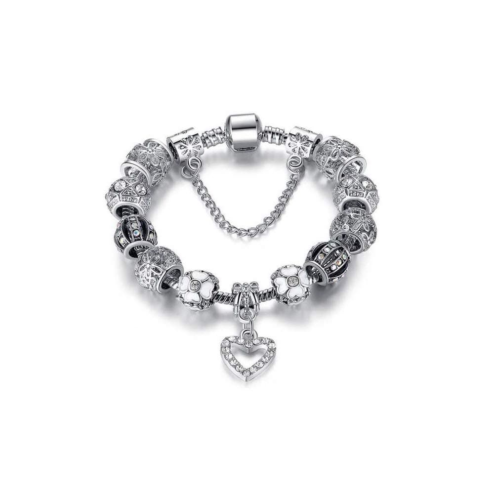 Silver Tone Charm Bracelet with Crystal and Murano Glass Beads Snake Chain for Women Comes in a Gift Box