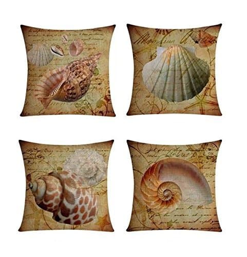 【Bailand】 Set of 4 Nautical Sea Side Theme Cushion Cover,Sofa Cushion Car Office Pillowcase,Beige Cotton Blend Linen Decorative Pillow Cover 18X18 Inch (45X45CM)